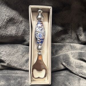 In original box Morano art glass bottle opener white blue copper